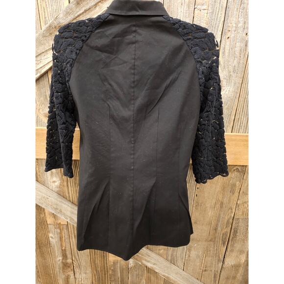 Lafayette 148 black lace half sleeve accent black button front euc work shirt 2 - Picture 2 of 6